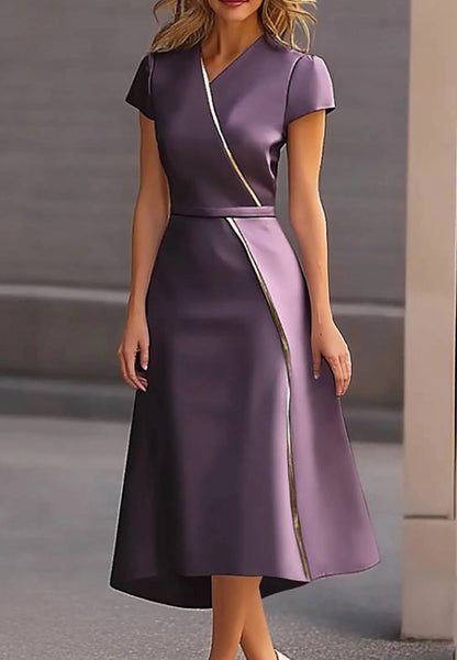 Work Semi-Formal Dress Purple Cross Neck Short Sleeve Midi Dress – Loveiss