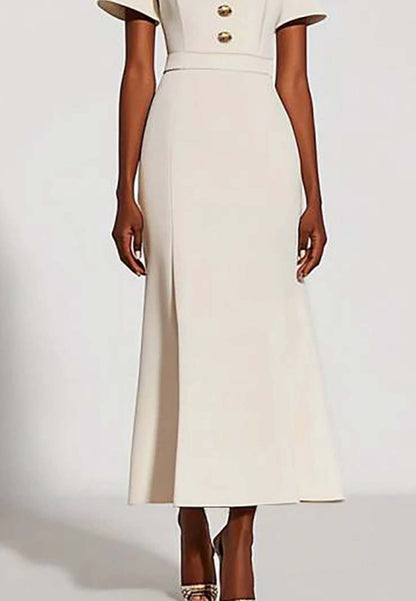 Work Semi-Formal Dress White Round Neck Button Short Sleeve Maxi Dress