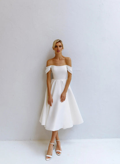 Off-the-Shoulder A-Line Wedding Dress with Bow Satin