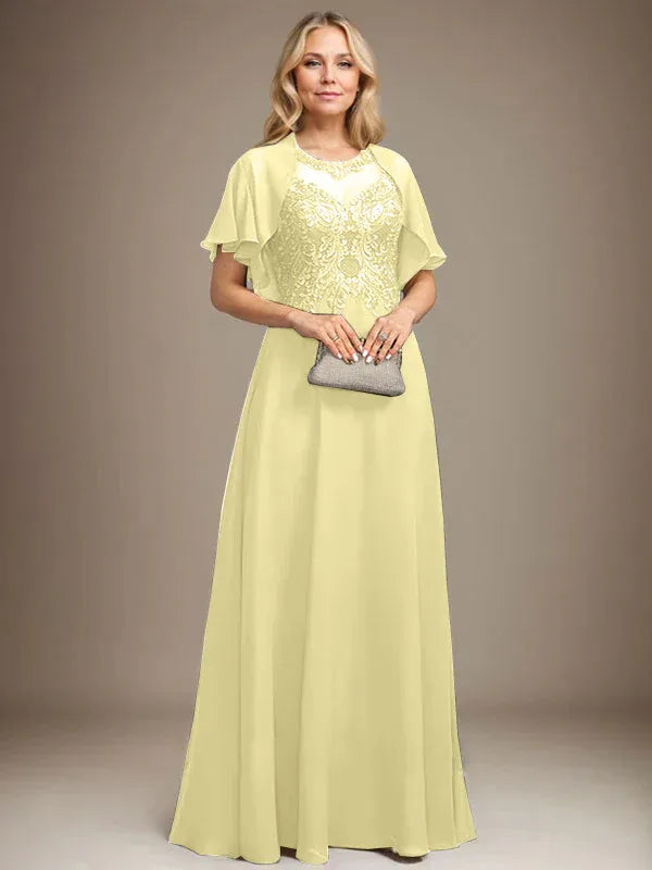 A-line Scoop Illusion Floor-Length Lace Chiffon Mother of the Bride Dress With Sequins