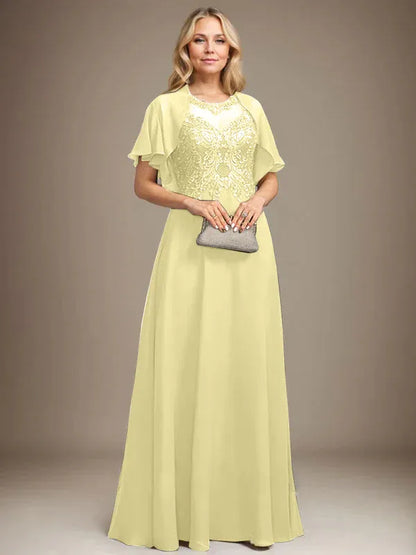 A-line Scoop Illusion Floor-Length Lace Chiffon Mother of the Bride Dress With Sequins