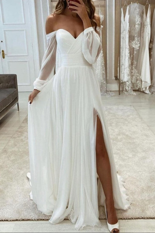 A-line Beach Wedding Gown with Sheer Long Sleeves