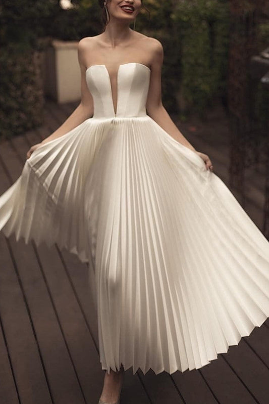 A-line Casual Wedding Dress with Pleated Skirt