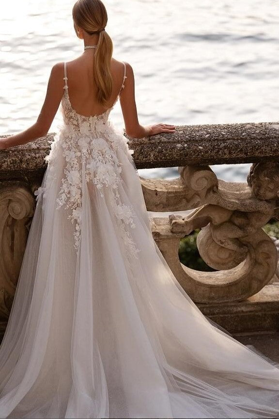 A-line Flowers Wedding Gown with Appliqued Semi-sheer Bodice