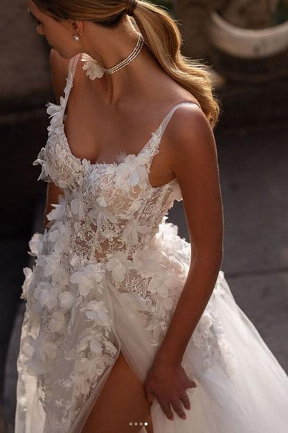 A-line Flowers Wedding Gown with Appliqued Semi-sheer Bodice