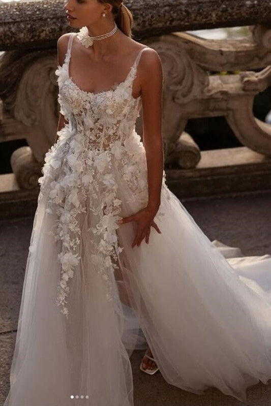 A-line Flowers Wedding Gown with Appliqued Semi-sheer Bodice