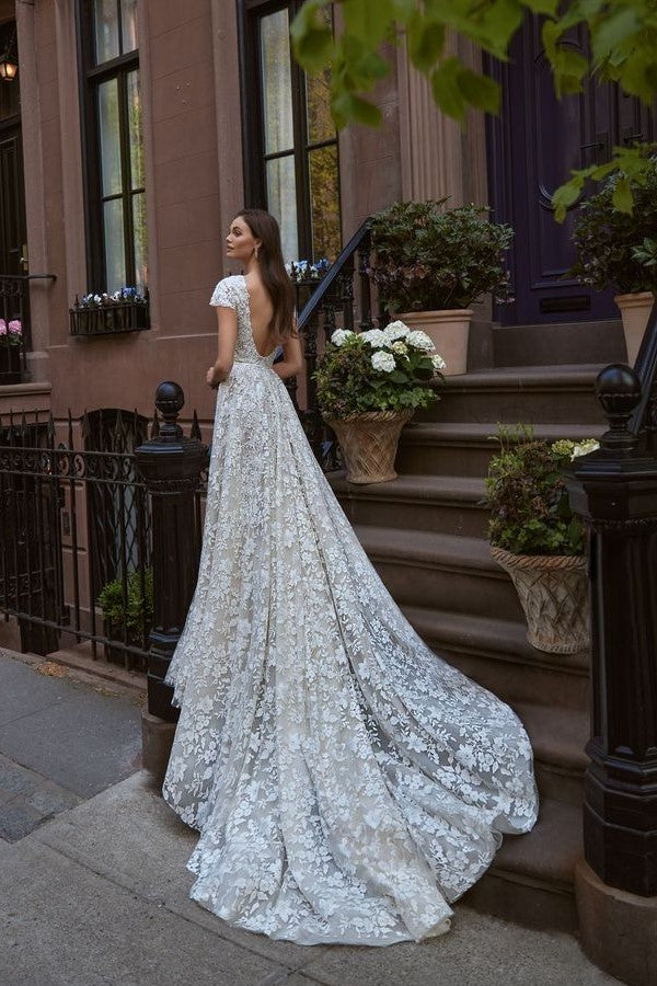 A-line Full Lace Wedding Dress with Short Sleeves