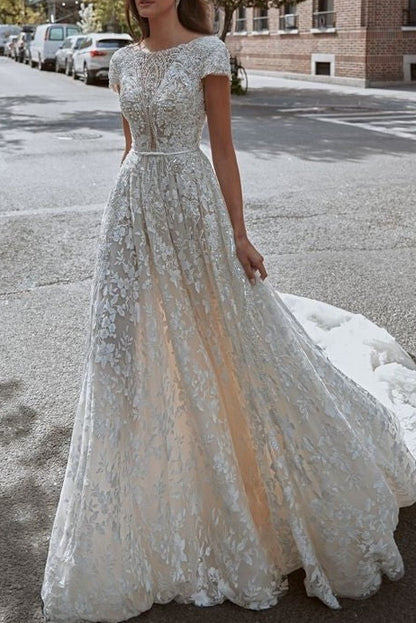 A-line Full Lace Wedding Dress with Short Sleeves