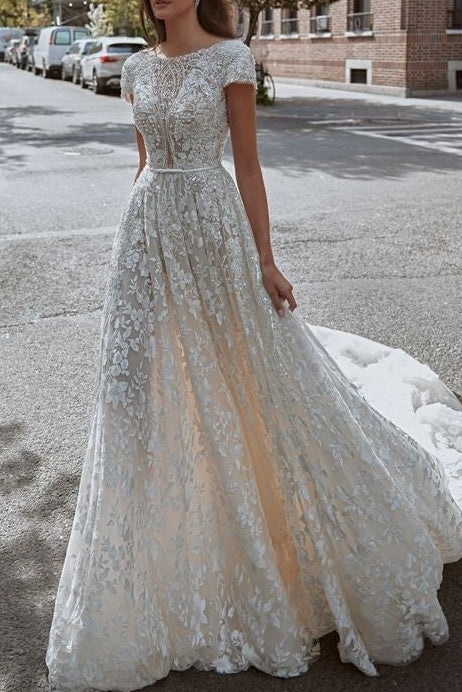 A-line Full Lace Wedding Dress with Short Sleeves