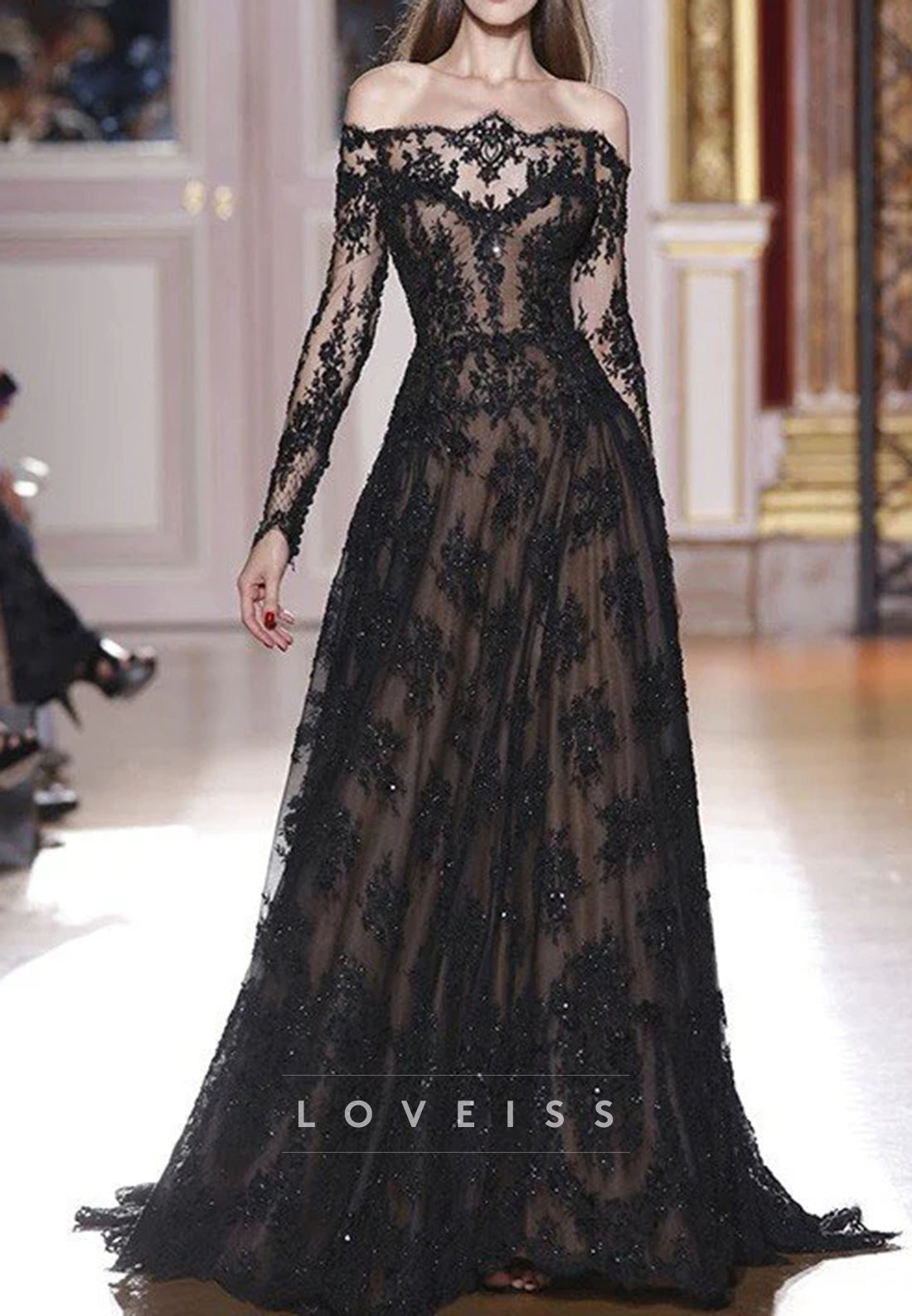 A-Line/Elegant Off-the-Shoulder Long Sleeves Lace Prom Dresses