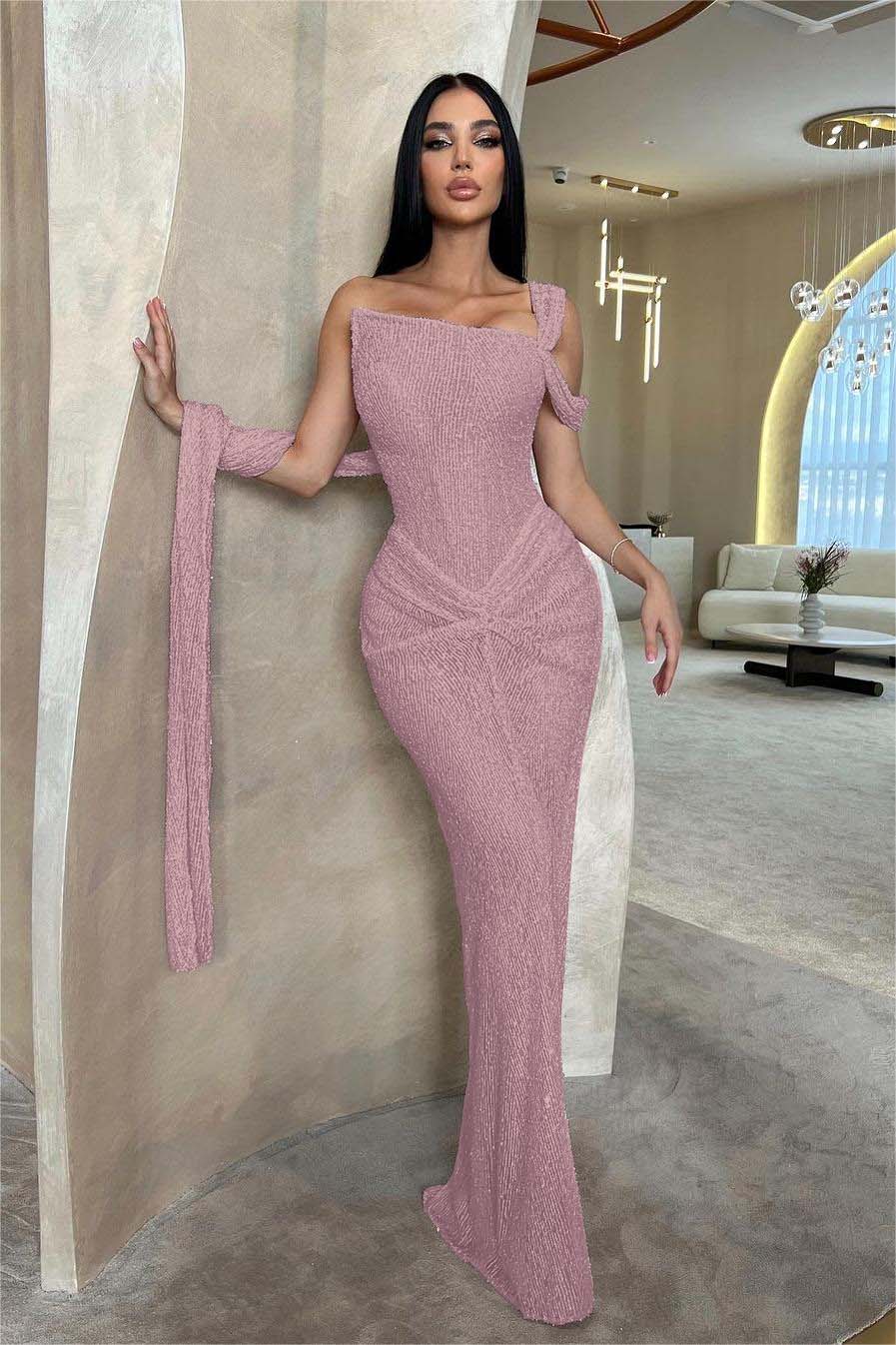 Lussooy Sage Shinning One Shoulder Sequins Sleeveless Split Prom Dress with Pleated