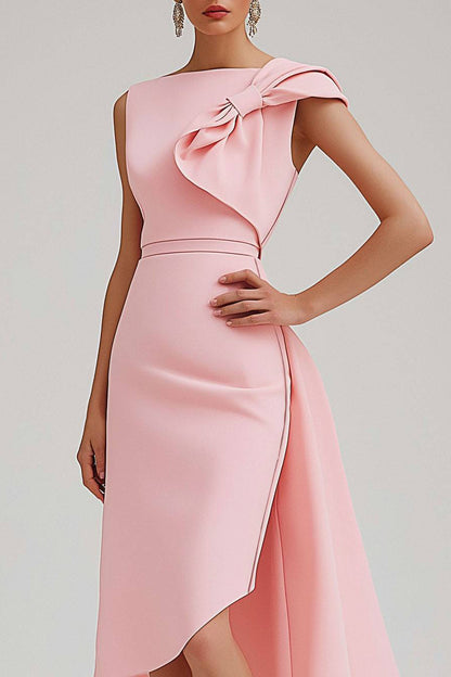 Wedding Guest Semi-Formal Dress Pink Sleeveless Bow Asymmetrical Midi Dress