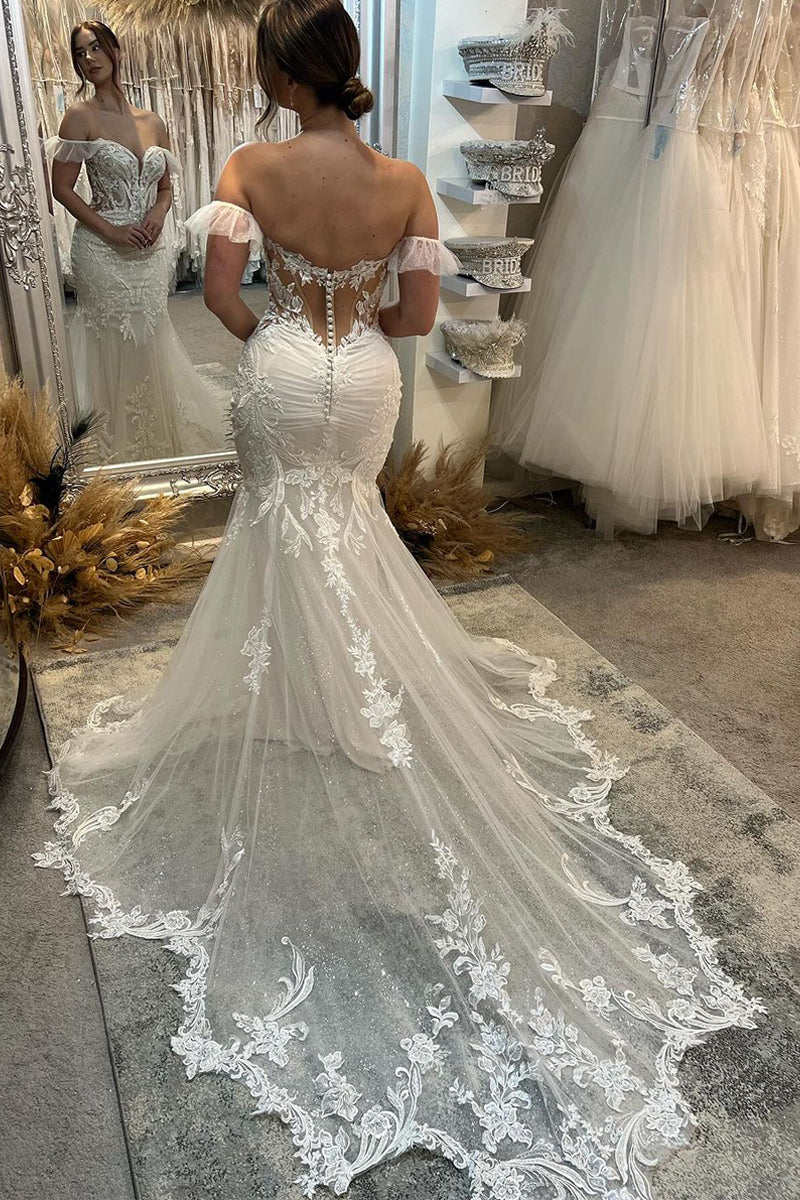 Off the Shoulder Lace Mermaid Wedding Dresses