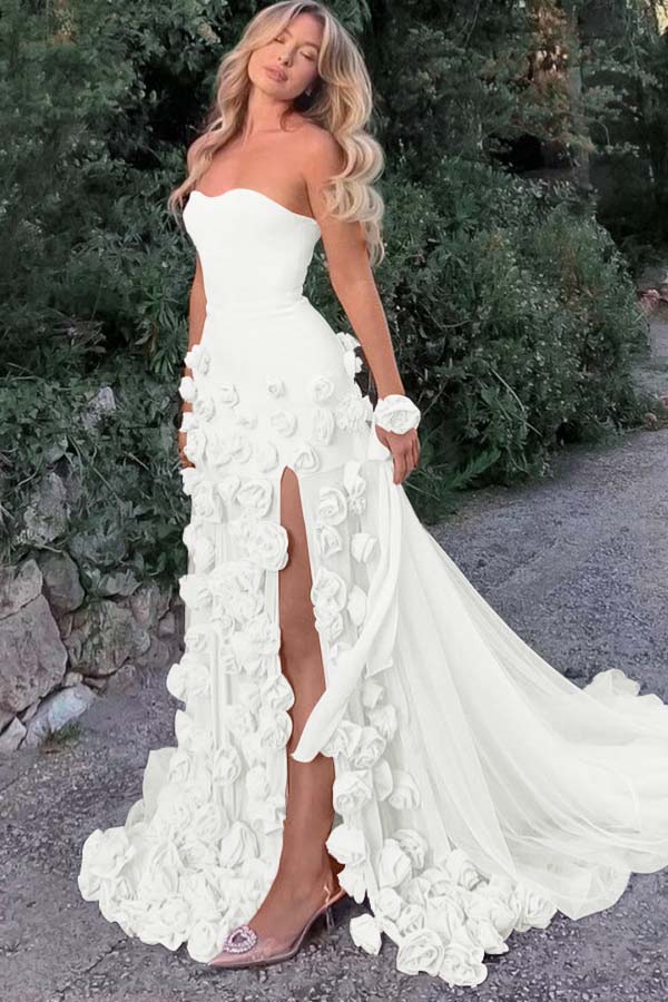 Lussooy Ivory Exquiste Satin Sleeveless Strapless Long Prom Dress with Ruffles