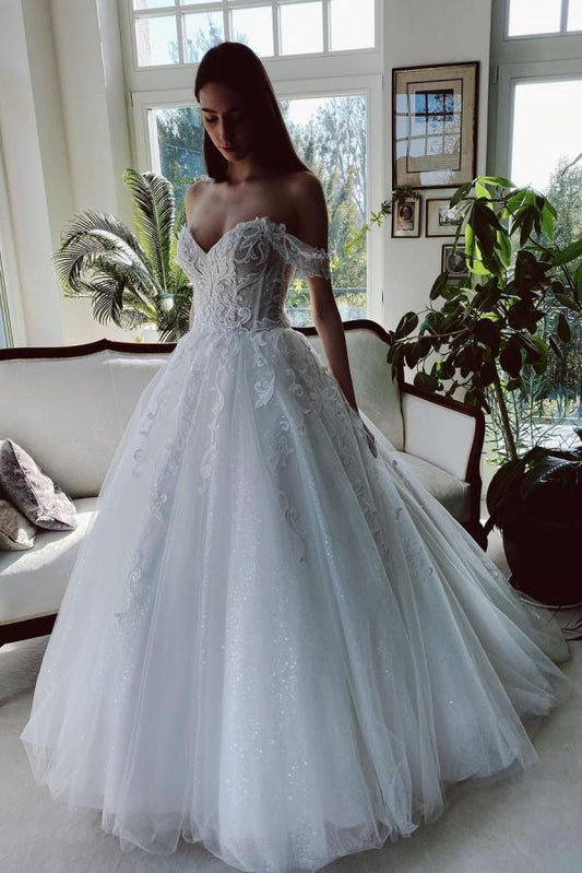 Charming Long A-line Tulle Wedding Dress With  Off-The-Shoulder