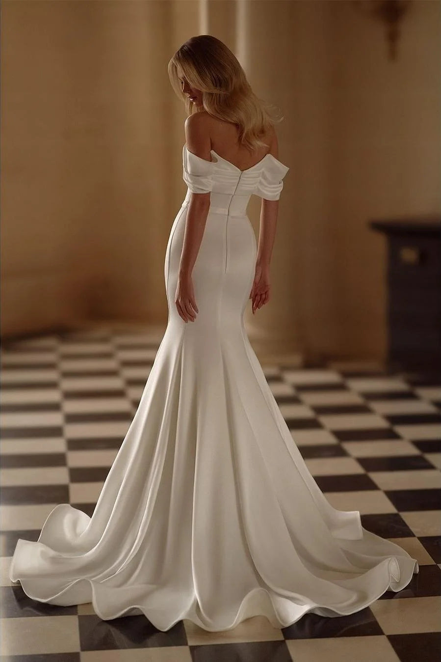 Charming White Satin Off the Shoulder Strapless Sweetheart Mermaid Wedding Dress with Ruffles