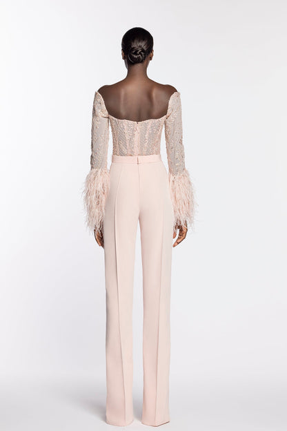 Fully beaded feathered top with crepe pants
