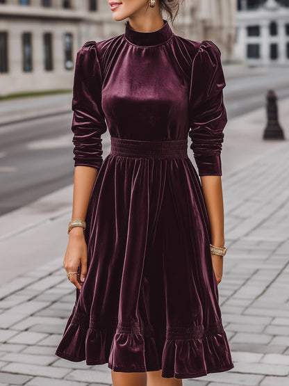 Velvet Pleated Dress With Smocked Waist