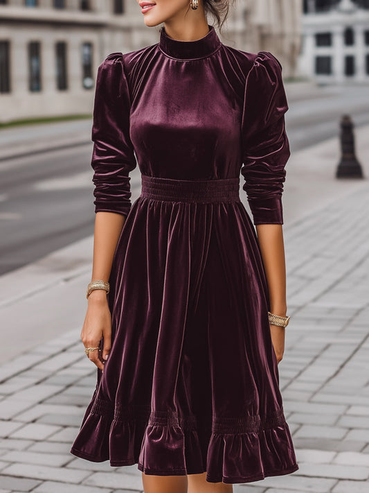 Velvet Pleated Dress With Smocked Waist