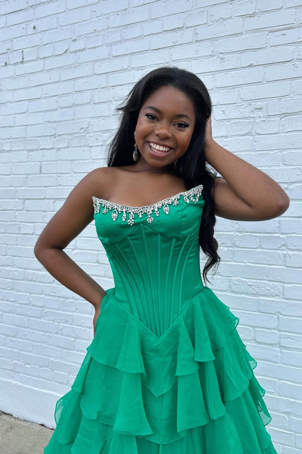 Cute Scoop Neck Green Chiffon Tiered Prom Dress with Beading