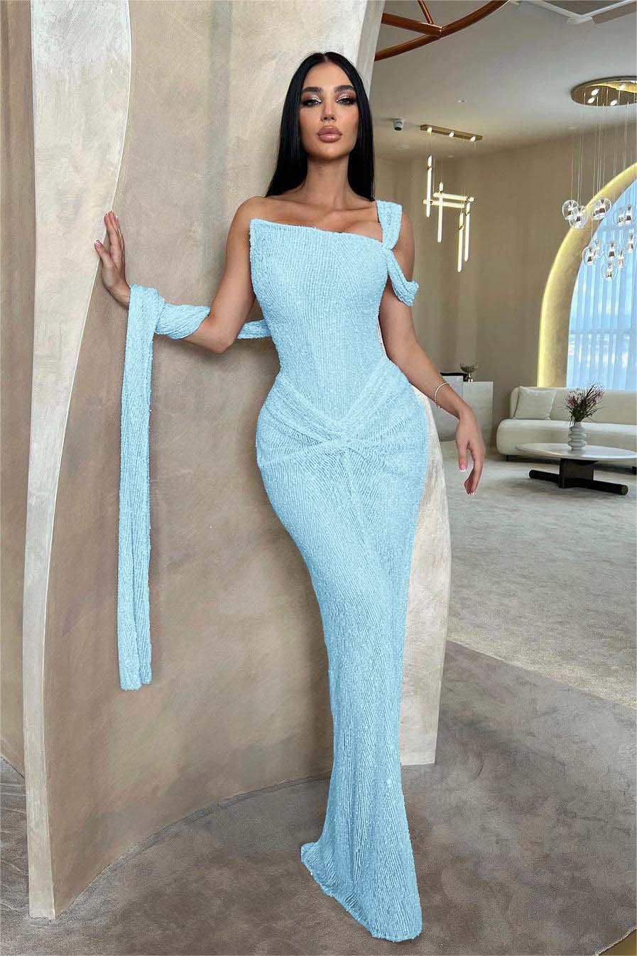 Lussooy Sage Shinning One Shoulder Sequins Sleeveless Split Prom Dress with Pleated