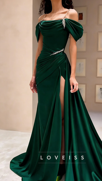 Off-Shoulder Strapless Pleated High Slit Sheath Prom Dress