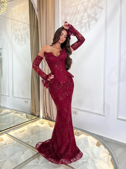 Noble Burgundy V-Neck Lace Sequins Mermaid Prom Dress With Gloves YK0673