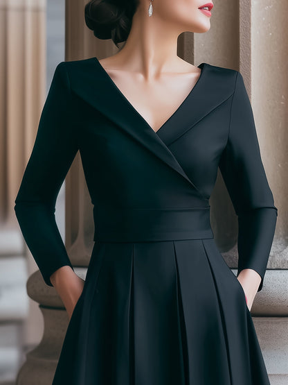 Elegant V-Neck Pleated Long Sleeves Dress
