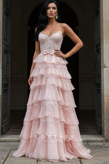 Princess A-Line Strapless Pink Ruffle Tiered Corset Long Prom Dresses with Slit