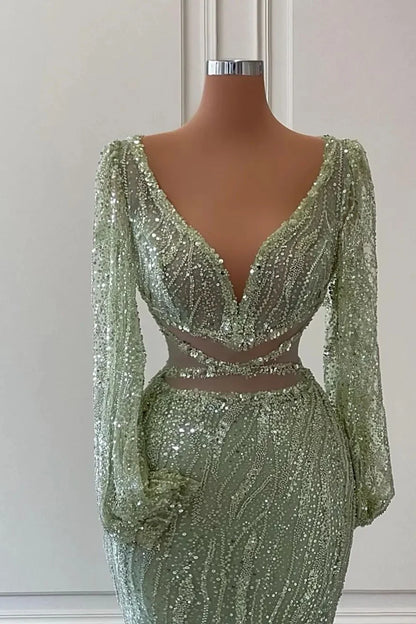 Light Green Long Sleeves V-Neck Mermaid Evening Dress With Sequins Beads
