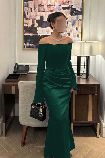 Lussooy Chic Satin Ivory Off the Shoulder Long Sleeves Prom Dress with Pleated