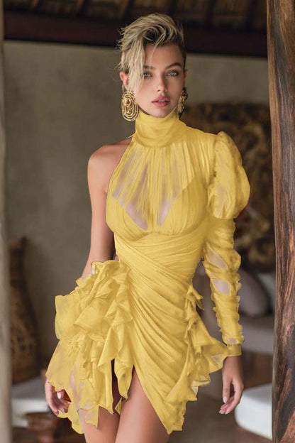 Lussooy Gorgeous High Neck Brown Chiffon Long Sleeves Short Prom Dress with Pleated