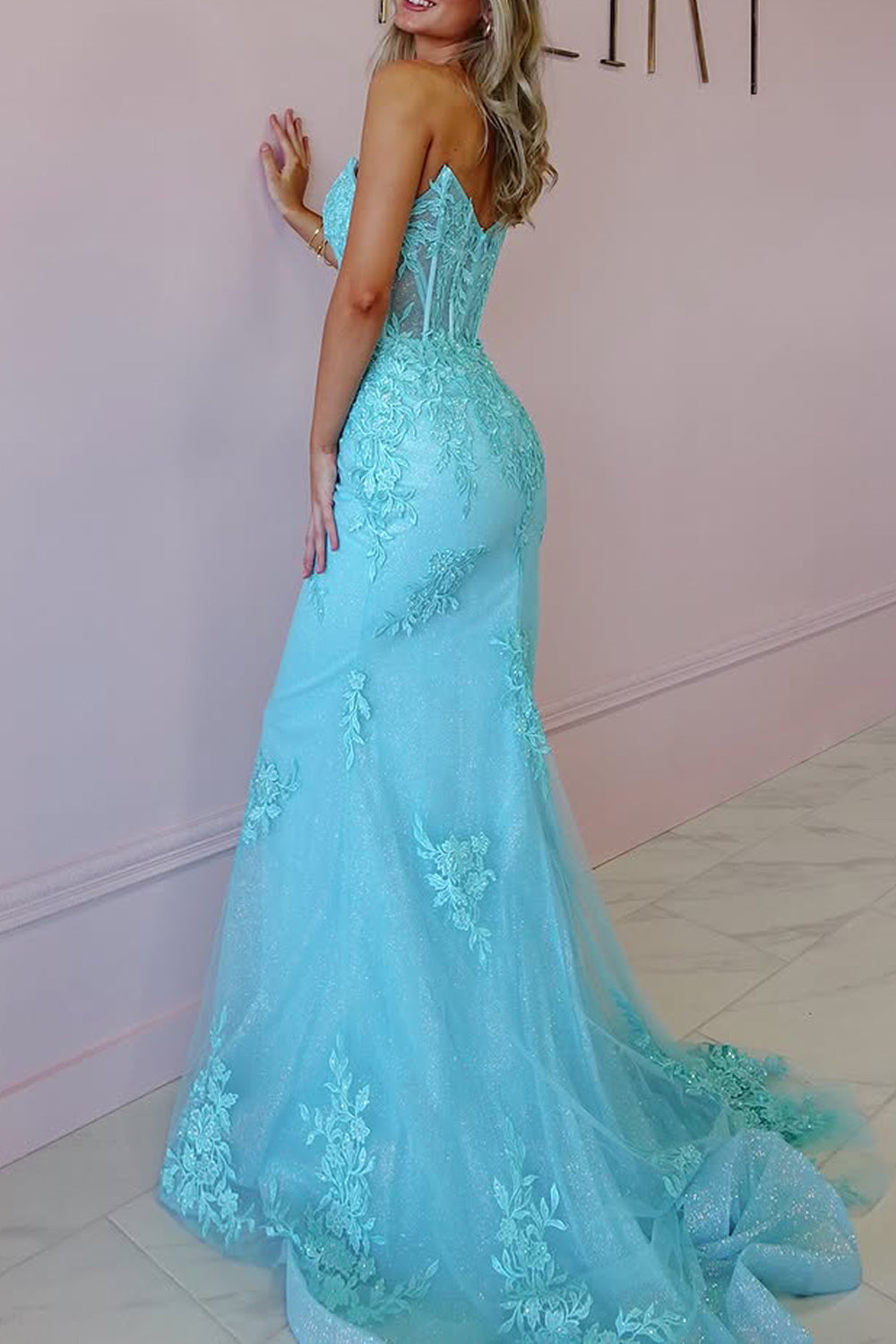 Mermaid Strapless Blue Tulle Long Prom Dresses with Appliques