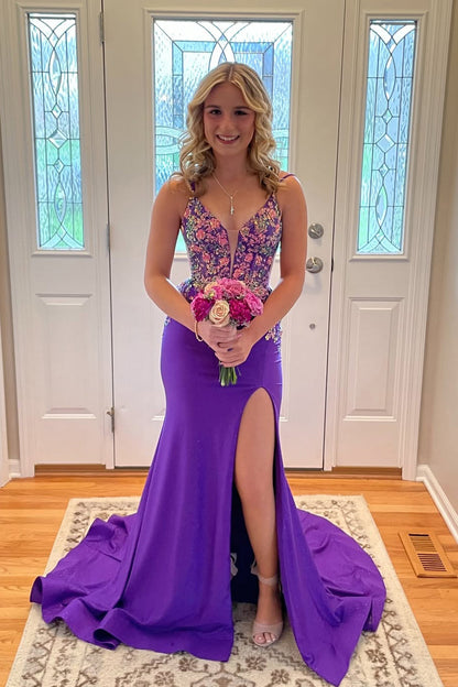 Gorgeous Mermaid V Neck Purple Satin Prom Gown with Appliques