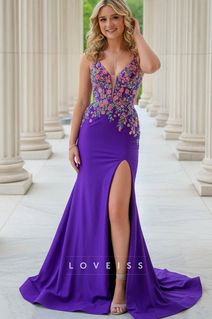 Gorgeous Mermaid V Neck Purple Satin Prom Gown with Appliques