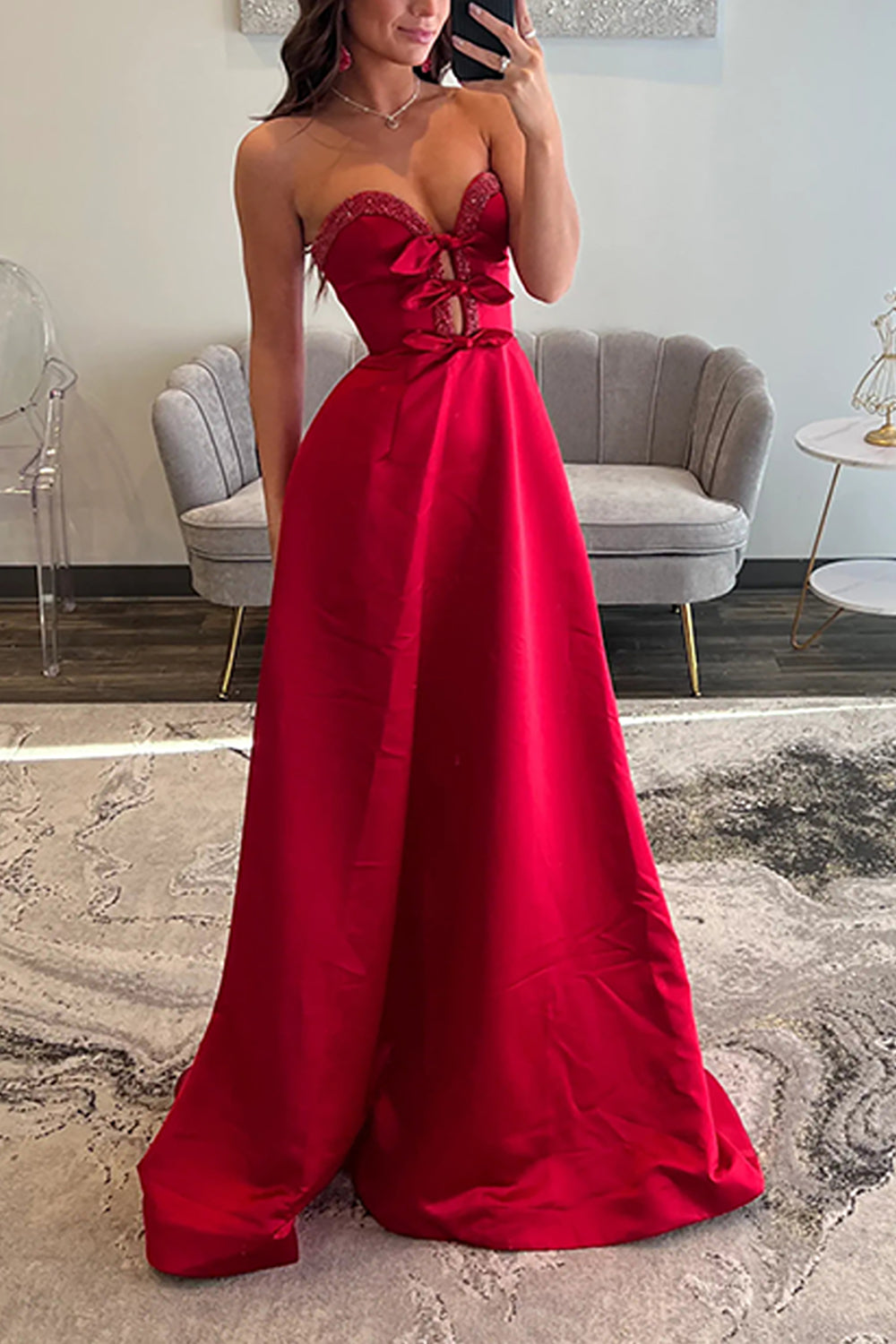 A-Line Sweetheart Keyholes Red Satin Long Prom Dresses with Pockets