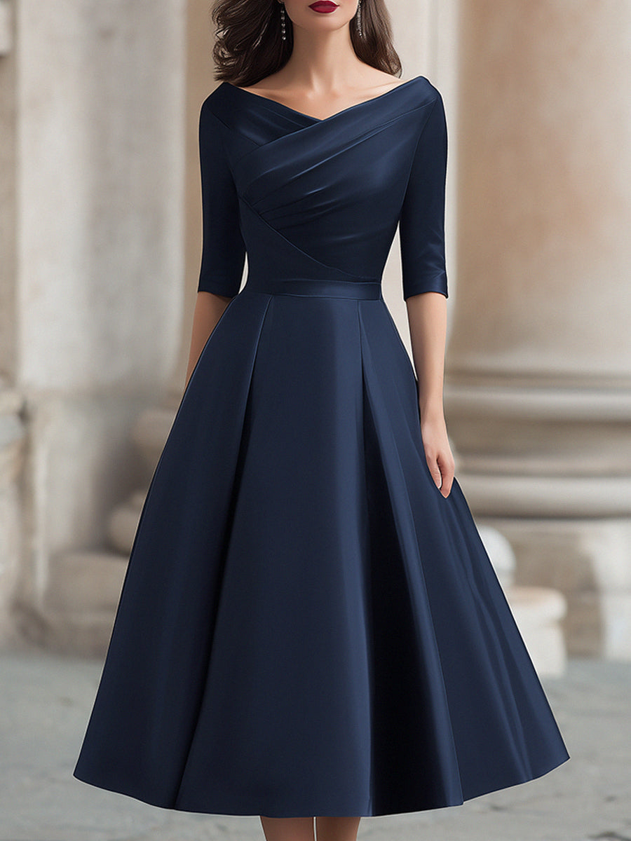 Elegant Plain Boat Collar Pleated Midi Dress