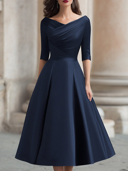 Elegant Plain Boat Collar Pleated Midi Dress