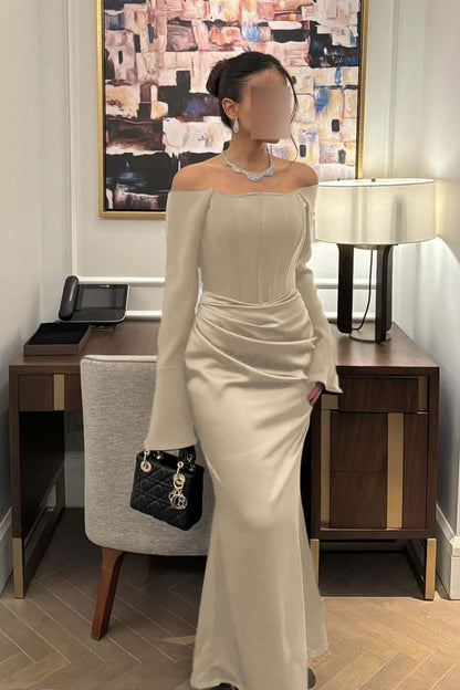 Lussooy Chic Satin Ivory Off the Shoulder Long Sleeves Prom Dress with Pleated