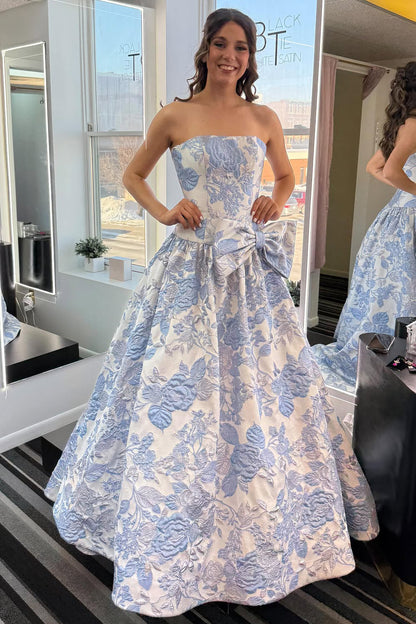 Gorgeous Ball Gown Strapless Jacquard Satin Prom Dress with Bow
