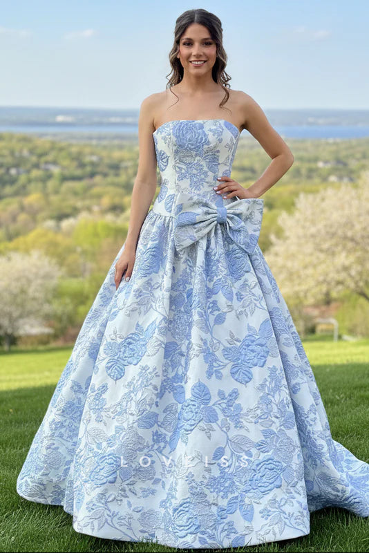 Gorgeous Ball Gown Strapless Jacquard Satin Prom Dress with Bow