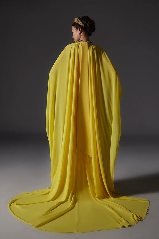 Crepe jumpsuit with chiffon cape