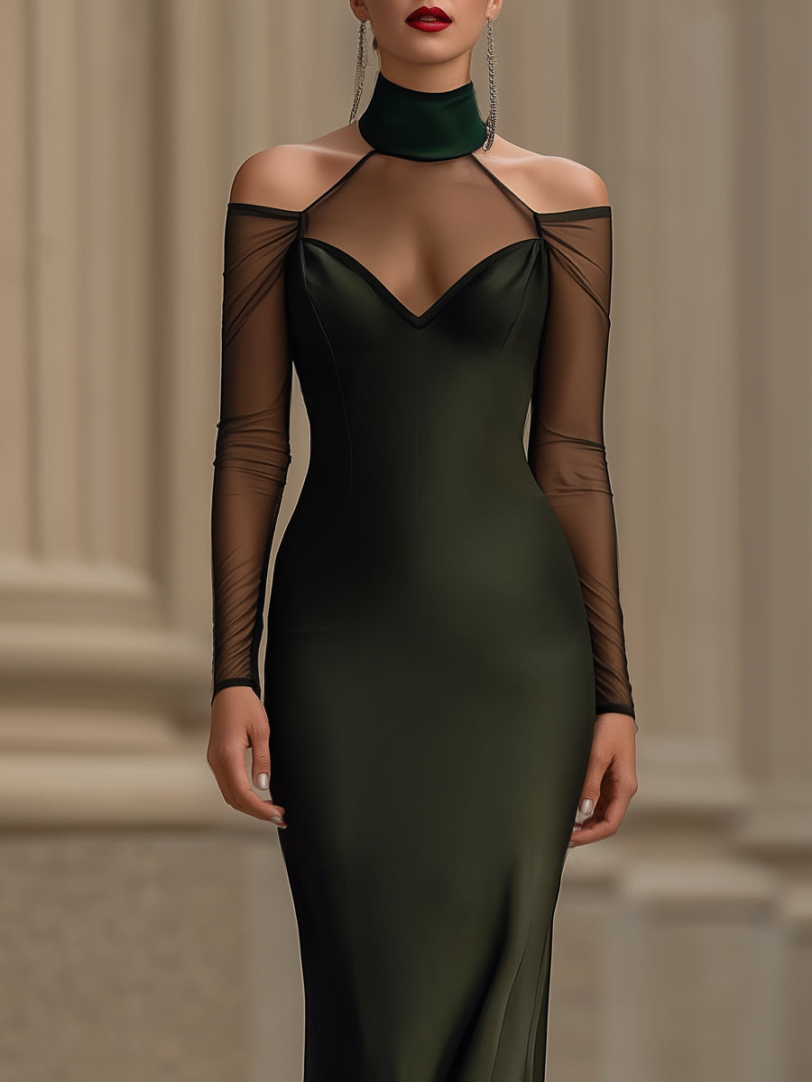 Elegant Off-Shoulder Satin Evening Gown With Sheer Sleeves