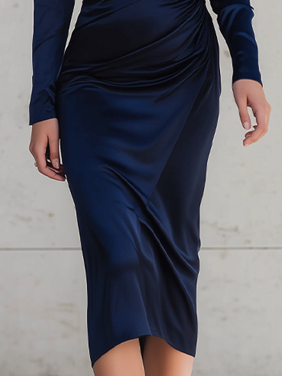 Navy Blue Satin Ruched Midi Dress