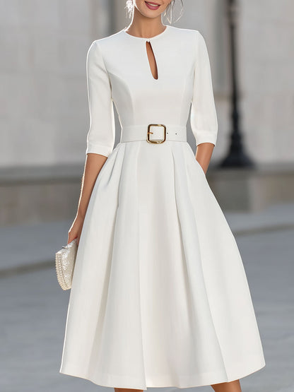 Elegant White Keyhole Neck Midi Dress With Structured Belt