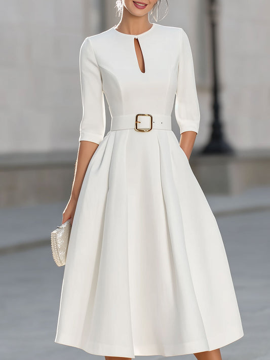 Elegant White Keyhole Neck Midi Dress With Structured Belt