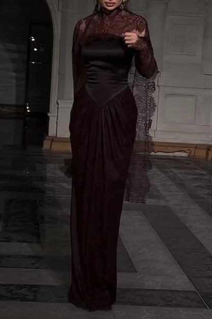 Lace Trim See Through High Neck Tied Slit Hem Maxi Dresses