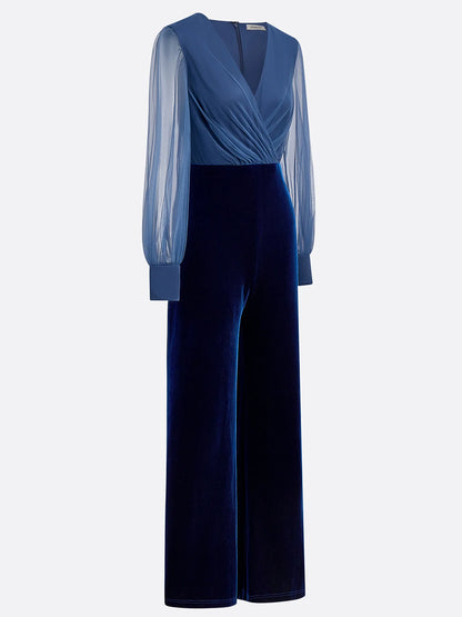 Women  Royal Blue Mesh  V Neck Long Sleeve Velvet Jumpsuit