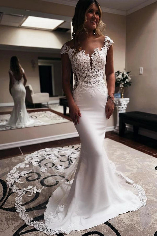 Elegant Mermaid V Neck Lace Wedding Dresses