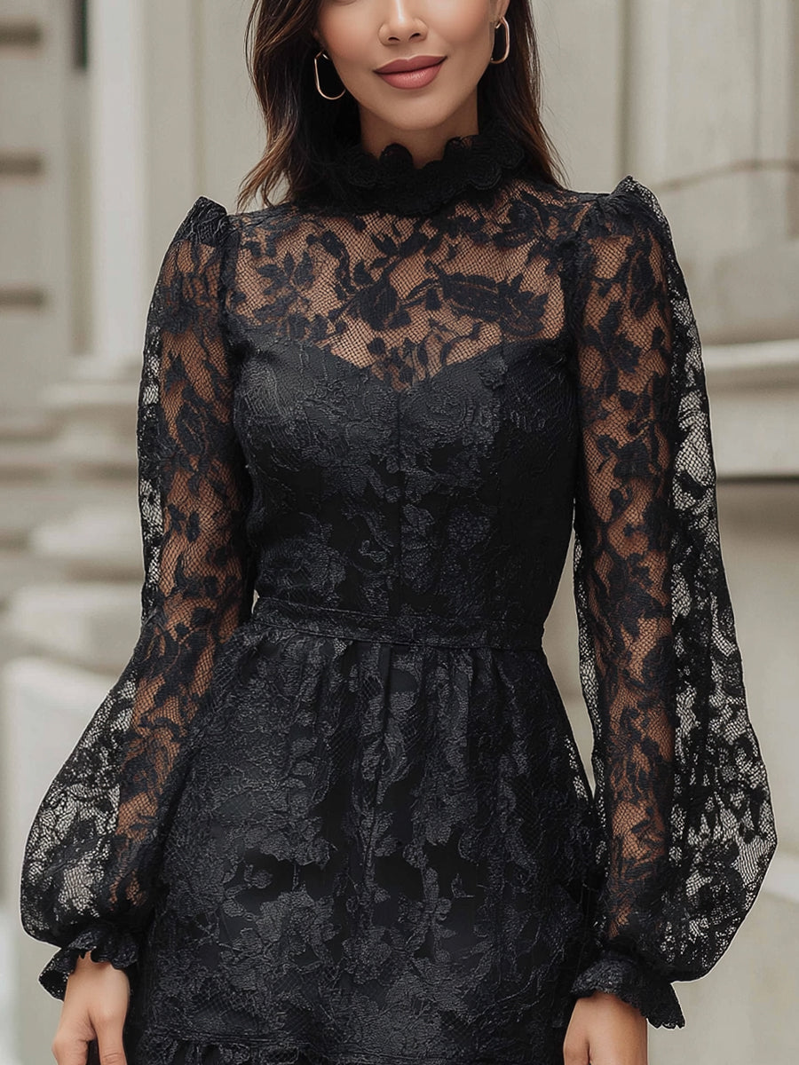 Puffed Sleeves Lace Dress With Ruffled Hem